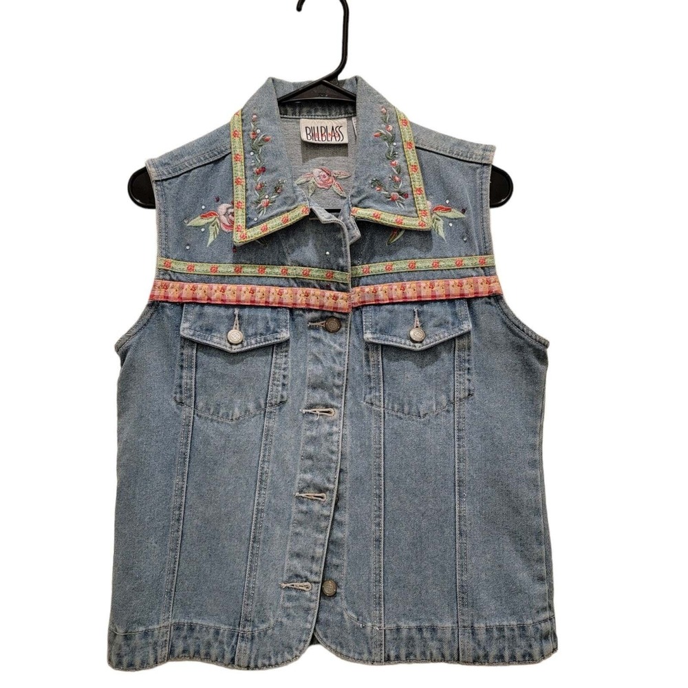 Bill Blass Jeans Denim Vest Small Blue Floral Embroidered Rhinestone Vintage 90s